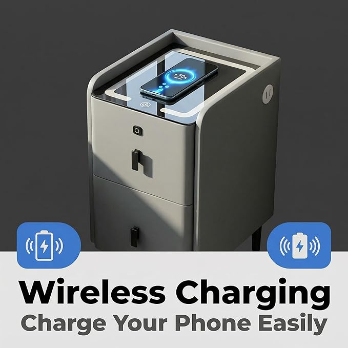 Smart Nightstand with Fingerprint Lock Drawers, Wireless Charging Support