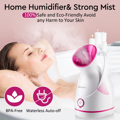 Amconsure Facial Steamer - Nano Ionic Face Steamer Warm Mist Steamer for Home Sauna SPA, Humidifier for Face Steamer for Deep Cleaning Unclogs Pores Sinuses - Bonus 5 Piece Stainless Steel Skin Kit