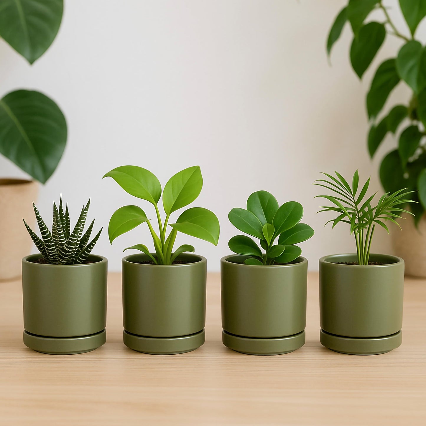 D'vine Dev Set of 2 Plants Pots, 3.5 Inch Ceramic Planter Pot for Plants with Drainage Hole and Saucer, Olive, 94-V-A-J