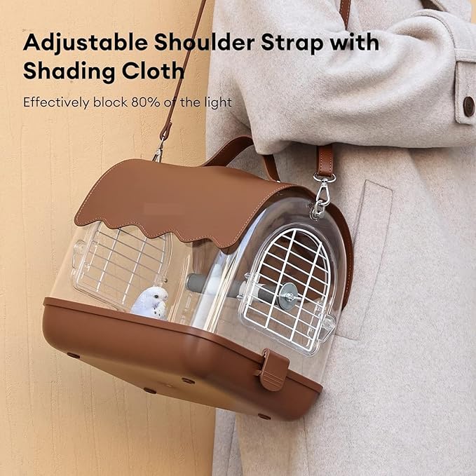 Birdcage Bird Carrier Backpack with Perch, Transparent Travel Bird Cage Bag with Shade Cover Visible Window for Parrots Budgie Bird Flight Cage(Brown)