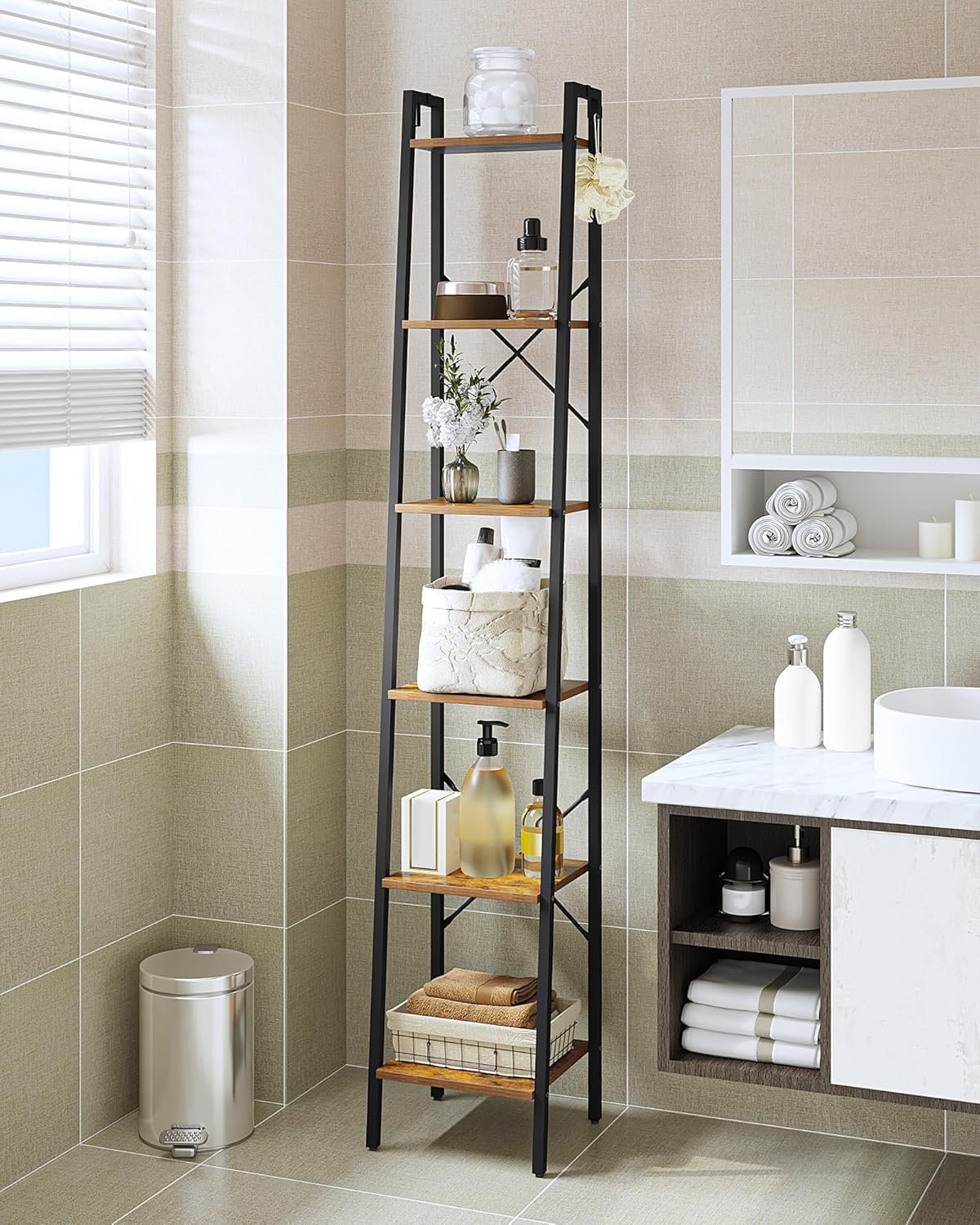 Hzuaneri Ladder Shelf, Bookshelf Bookcase, Freestanding Corner Storage Shelve with 2 Hooks for Home Office, Living Room, Kitchen, Bedroom, Industrial, 11.8"D x 13.4"W x 72.8"H, Rustic Brown BC13301B