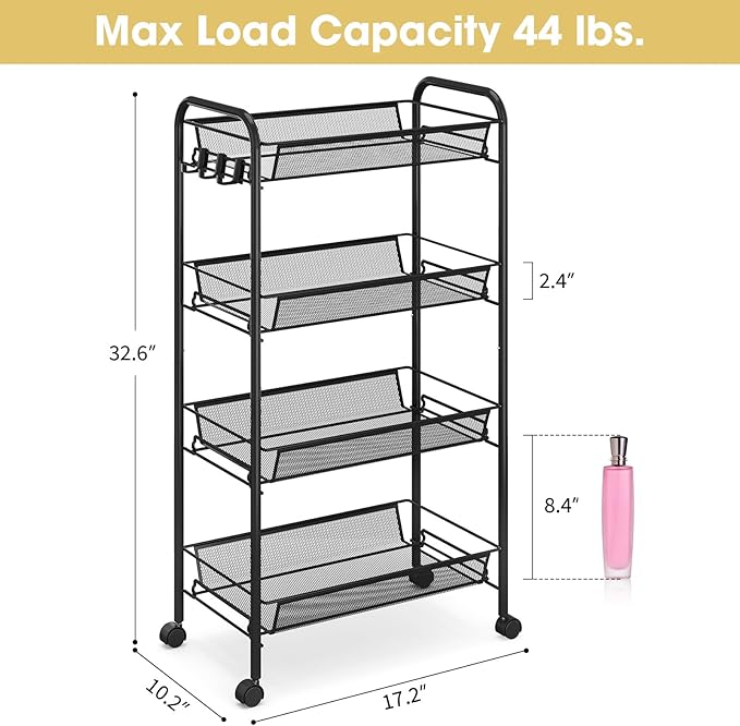 TOOLF 4-Tier Rolling Cart, Metal Utility Cart