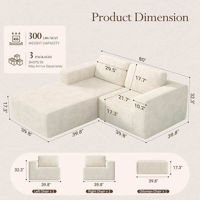 Vesgantti 80" Modular Sectional Sofa, Corduroy Cloud Couch