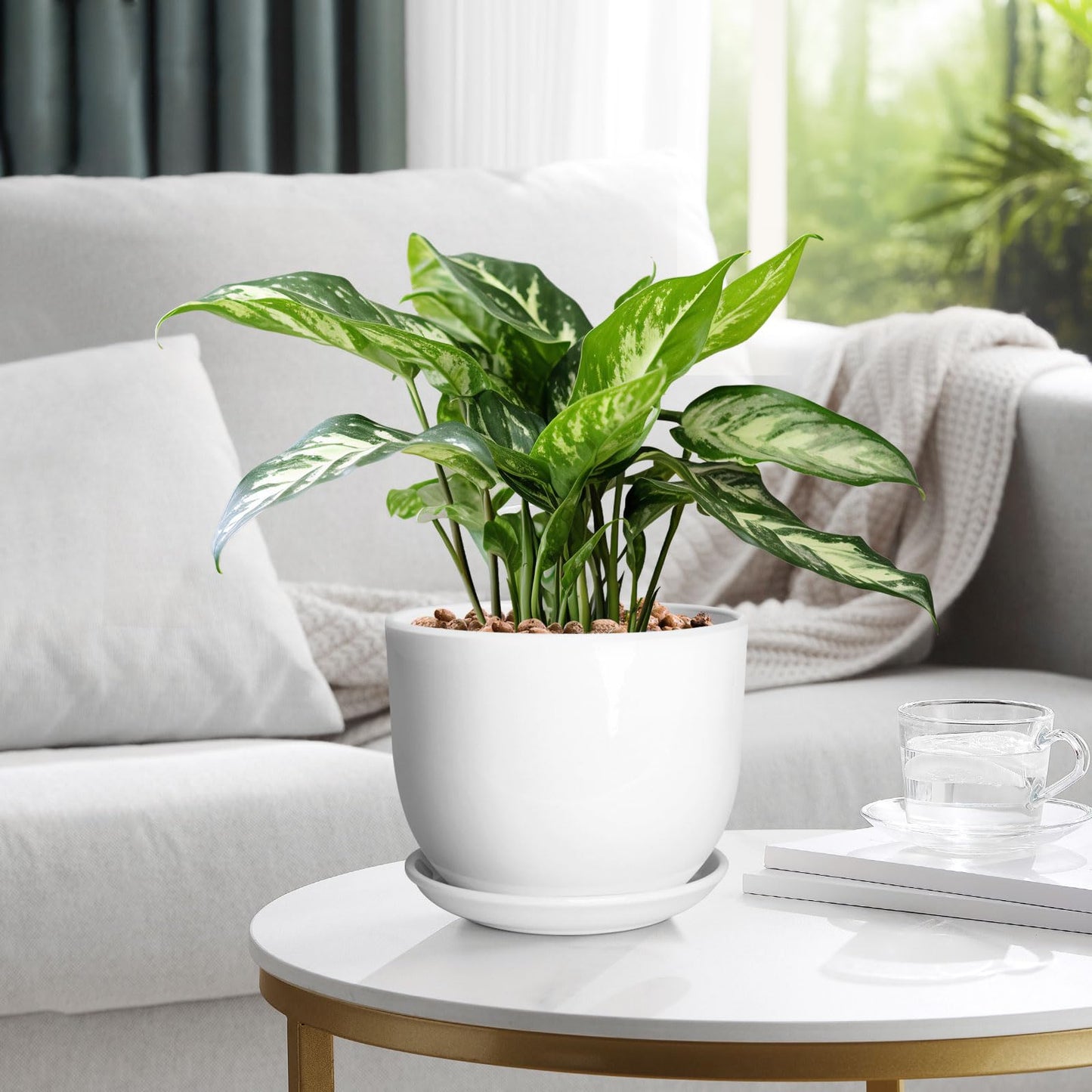 YUFDA 8 Inch Ceramic Planter, Plant Pots with Drainage Hole and Separable Saucer,Indoor-Outdoor Round Succulent Orchid Flower Pot,Indoor pots for Plants(Smooth White,Plant Pot only)