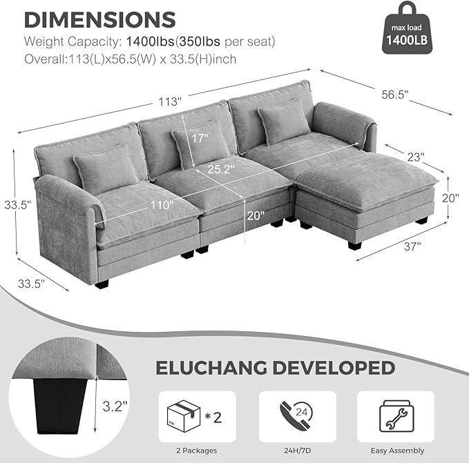 ELUCHANG 116" Modular Sectional Sofa, Comfy Cloud Couch, L Shaped Deep Seat