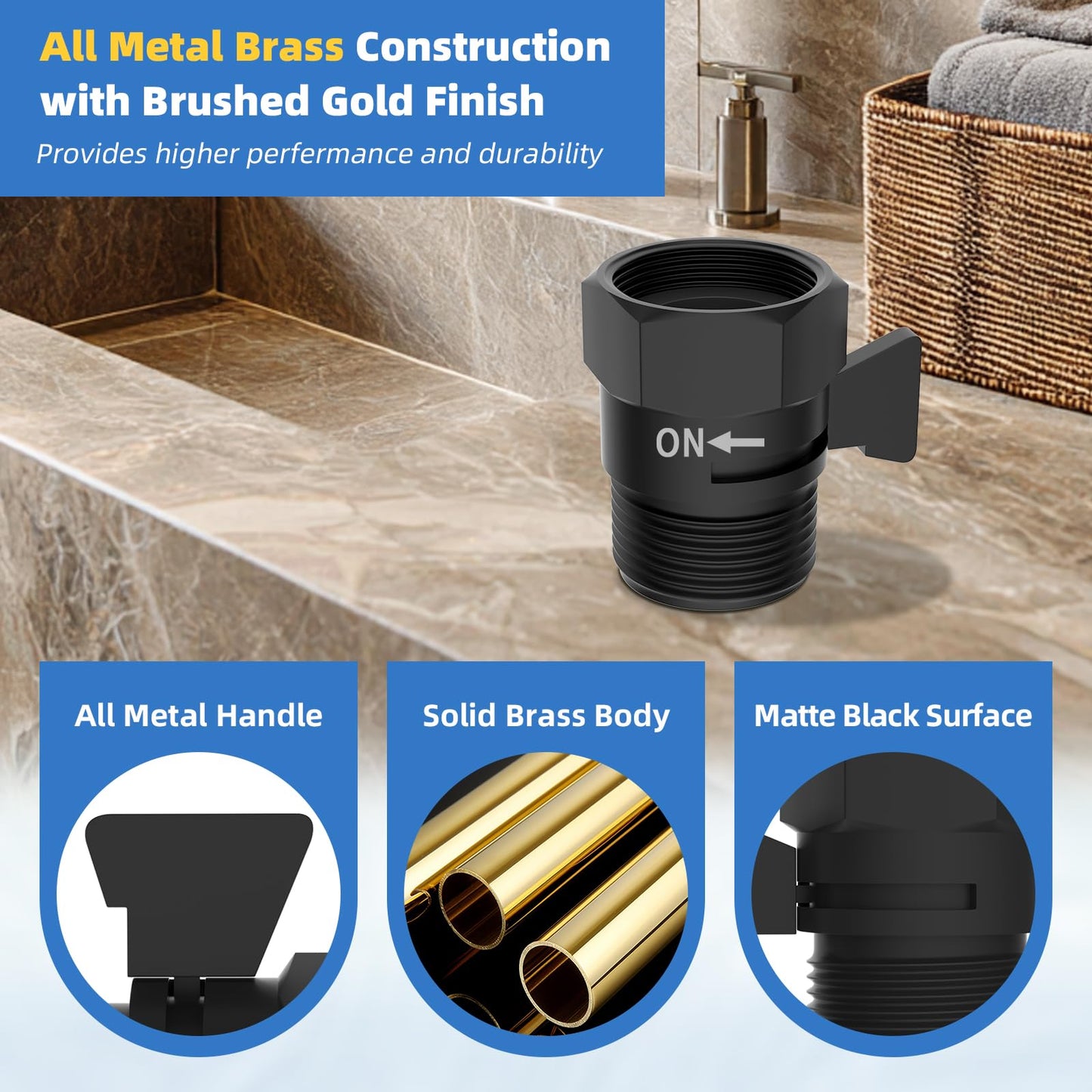 Hibbent All Metal 1 Pack Shower Head Flow Control Valve, G1/2 Brass Shut-off Valve with Metal Handle Lever, Shut OFF Water Flow Control Regulator for Handheld Shower, or Bidet Sprayer, Matte Black