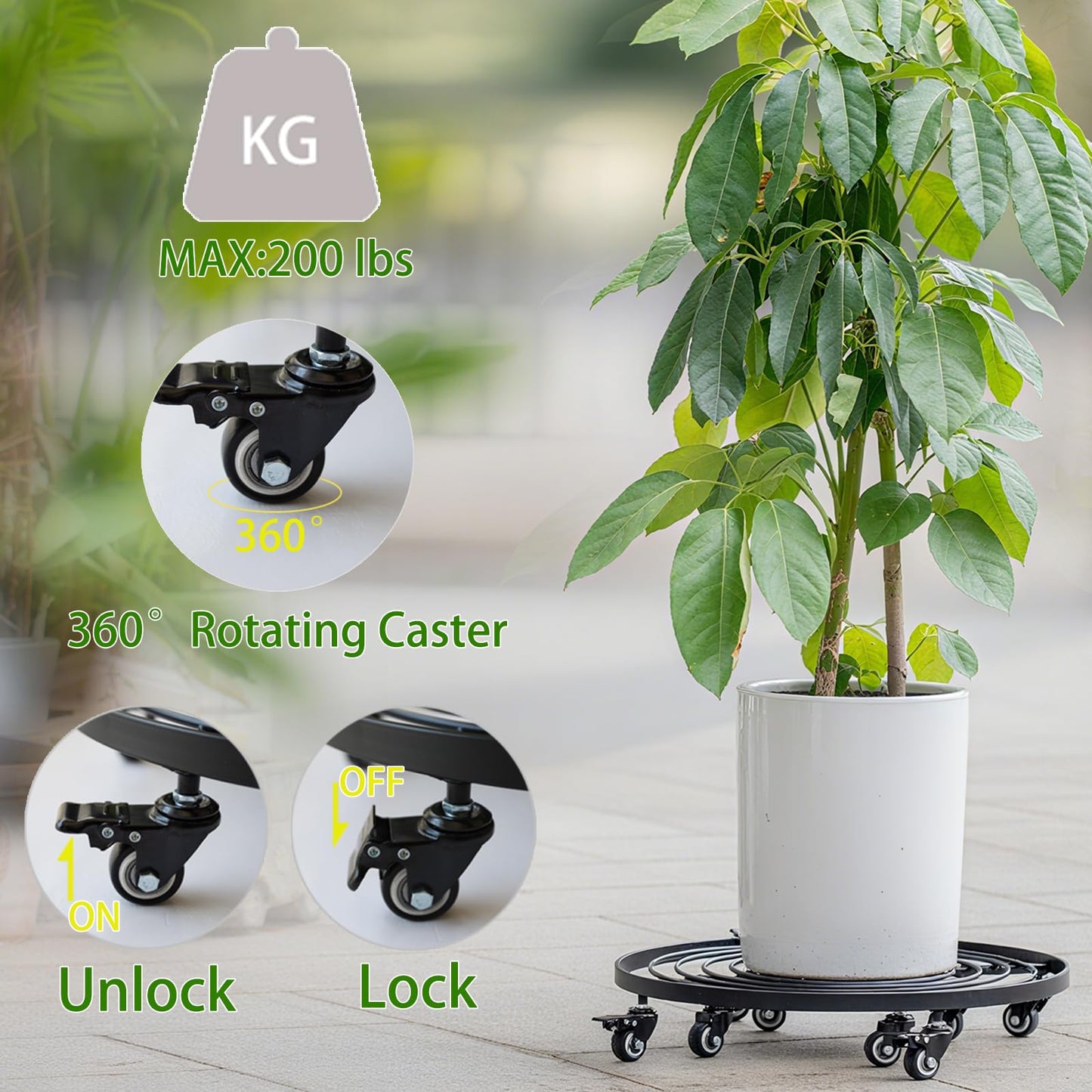 Goooxim 20" Heavy-Duty Plant Dolly with Wheels – Rolling Base for Indoor & Outdoor Use, Detachable Handle, 360° Swivel Wheels, Supports Up to 200 lbs – Ideal for Moving Large Pots & Trees