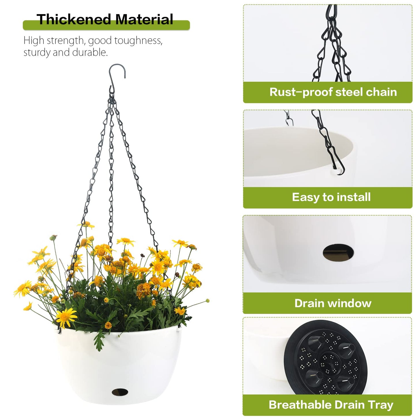 Sungmor Self Watering Hanging Planter for Indoor Plants, 9.4" & 11.2" 2-PACK Large White Plastic Hanging Basket, Garden Flower Pots with Hanging & Standing Design, Thickened Sturdy Drainage Plant Pots