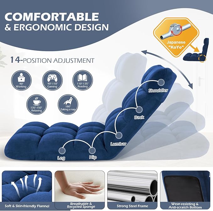 Folding Floor Gaming Chair 14-Poistion Cushioned Adjustable Floor Lazy Sofa