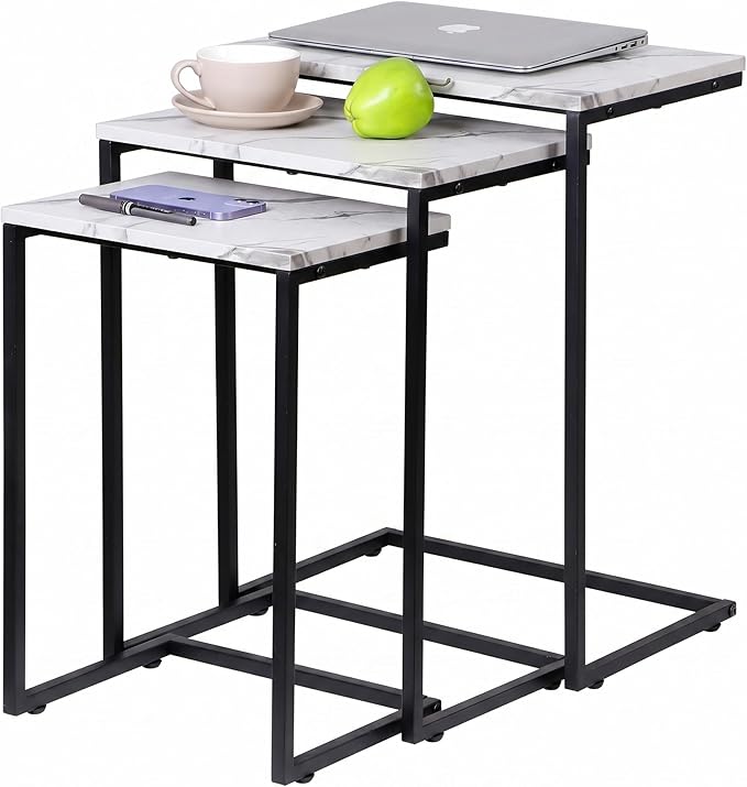 SUPER DEAL Nesting Tables Set of 3, Industrial C Shaped End Table Stackable