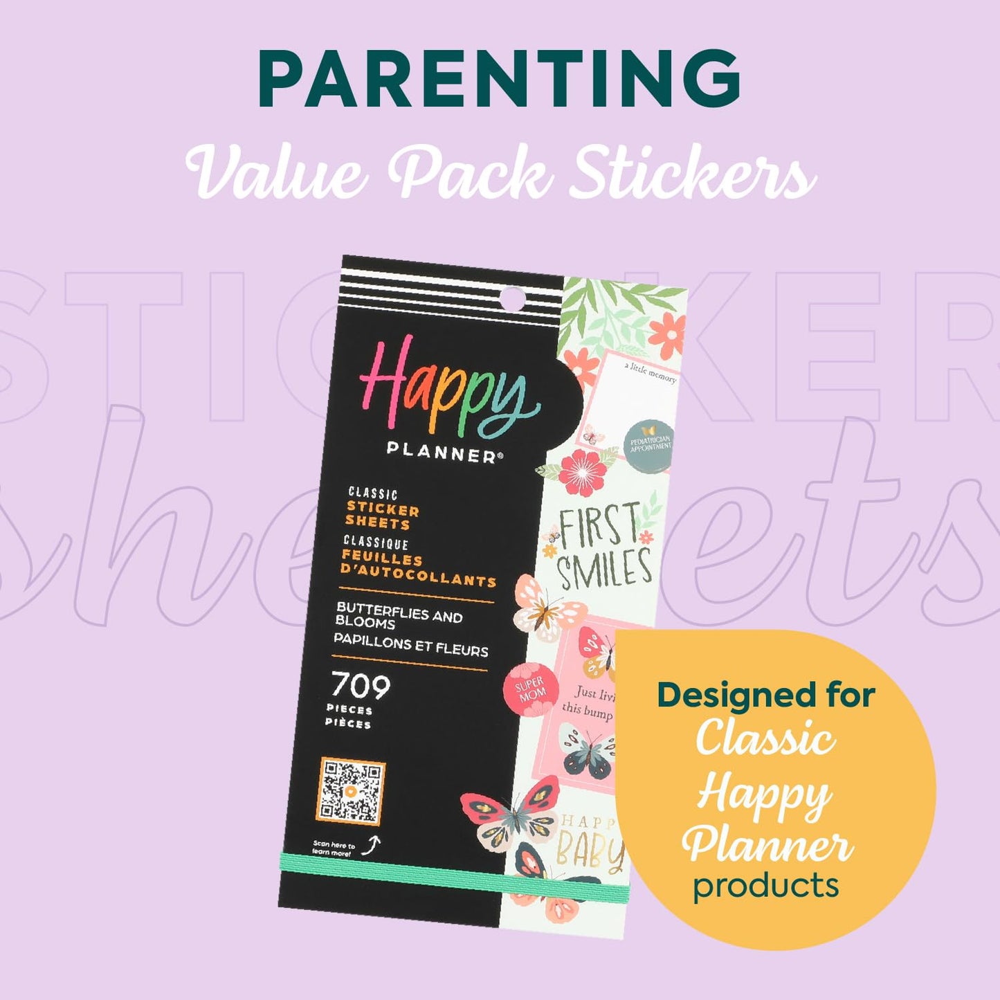 Happy Planner 30-Sheet Sticker Pack for New and Expecting Moms, Classic Size, Butterflies and Blooms Theme