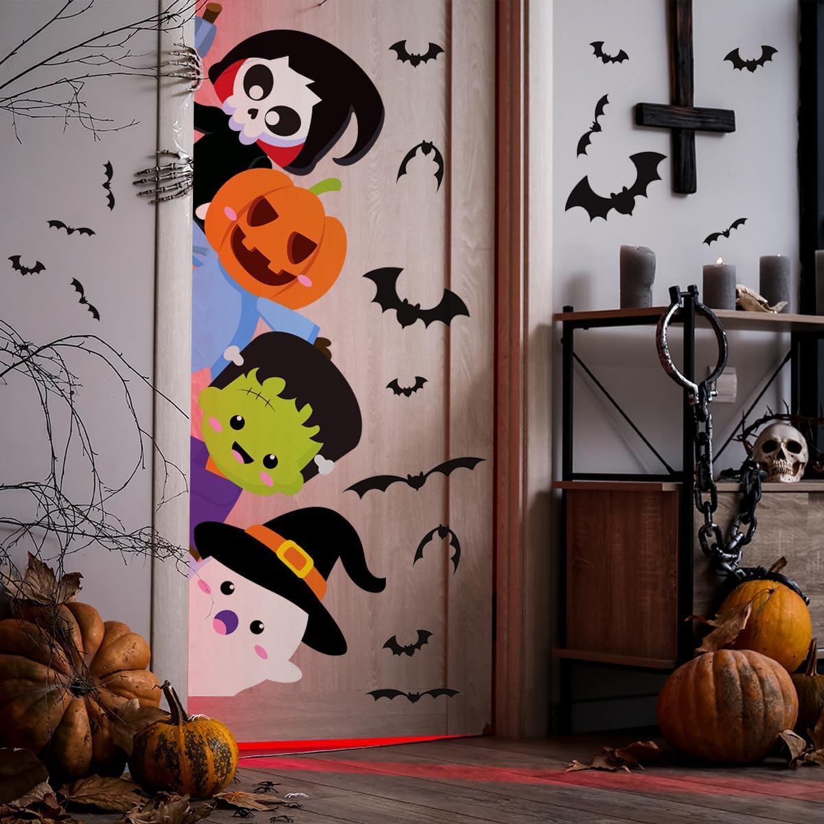 44.88 x 15.75 Inch Halloween Door Sticker Cute Halloween Pumpkin Demon Expression Ghost Green Monster Door Decal for Window Wall Party Decoration