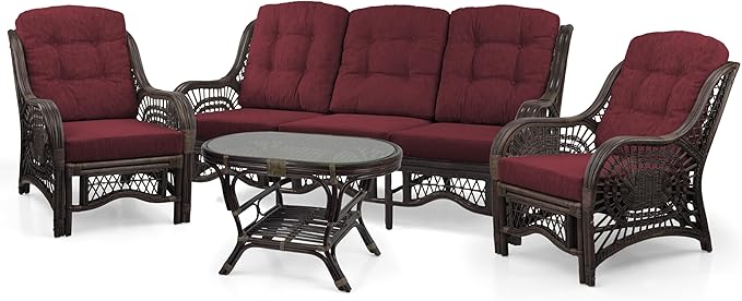 Malibu Lounge Set of 4: 2 Natural Rattan Wicker Chairs, Three-Seater Sofa