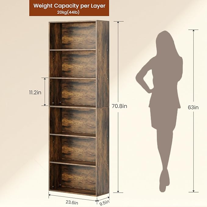 GRUSIGN 71" Tall 6-Tier Bookshelf, Large Open Display Bookcase