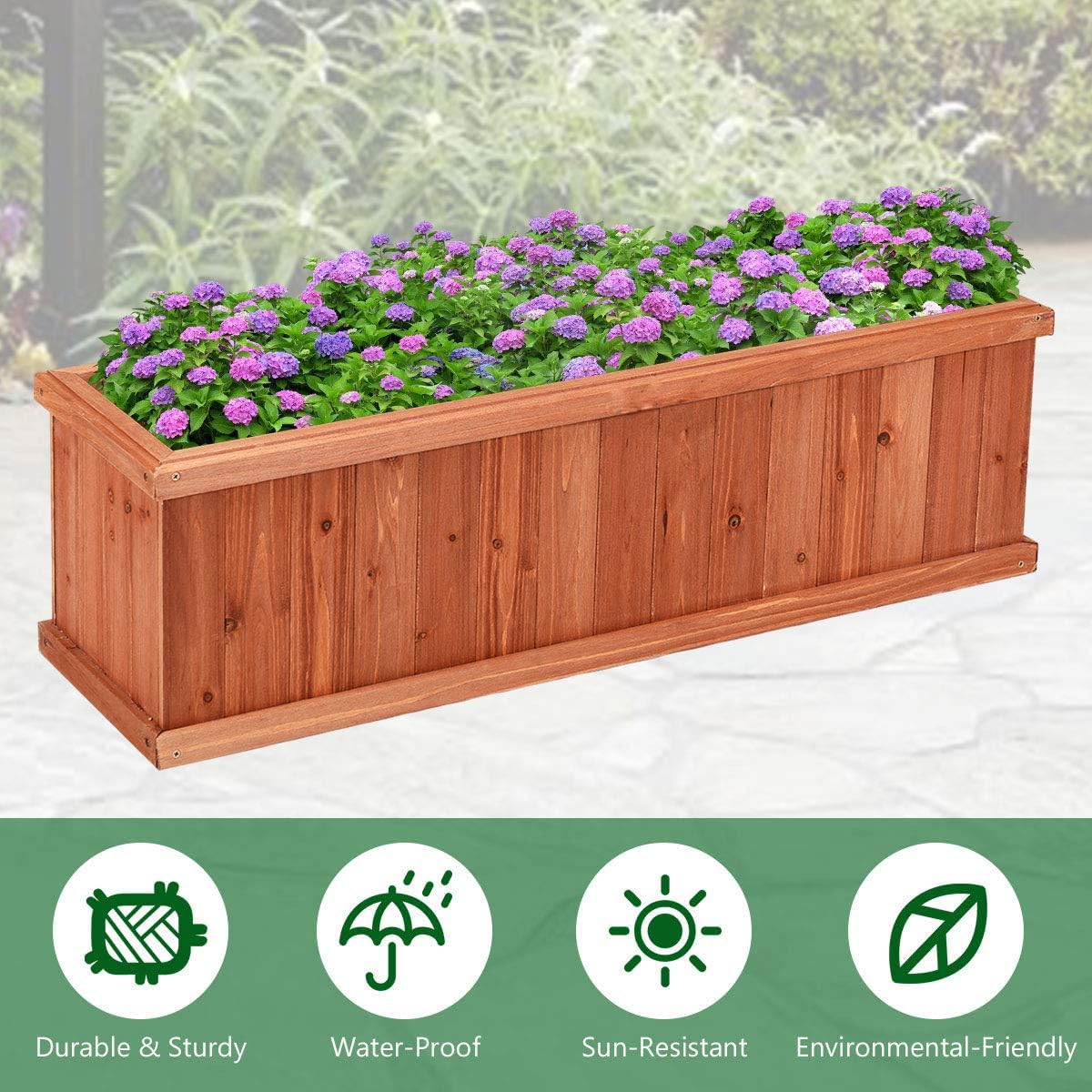 LDAILY Raised Garden Bed, Outdoor Rectangle Flower Beds with Bottom Panels & 2 Drainage Holes, Wood Planter Box for Flowers/Vegetables/Fruits in Backyard Patio (40" L x 12’’ W x 12’’ H)
