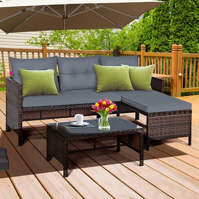Tangkula Patio Corner Sofa Set 3 Piece, Outdoor Rattan Sofa Set, Includes