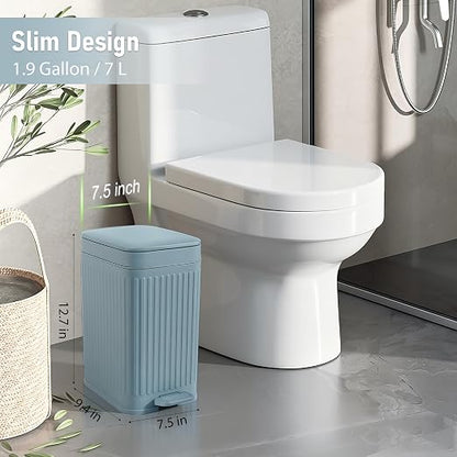 rejomiik Small Bathroom Trash Can with Lid Slim Soft Close Garbage Can Step Wastebasket Container Trash Bin for Office Bedroom Kitchen Living Room 1.9 Gallon, Light Blue