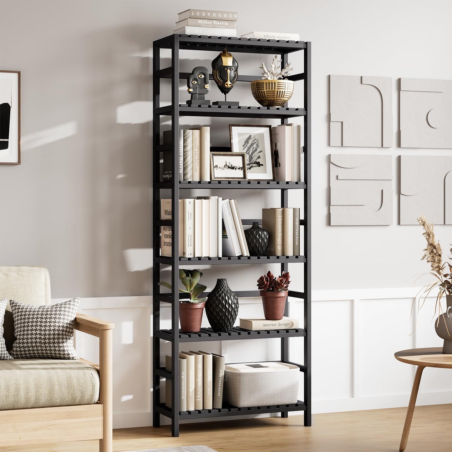 Bamjoy Bamboo Shelf, 6-Tier Bookshelf Adjustable Storage Shelves, Tall Shelving Unit Plant Stand, Storage Rack for Bathroom Home Office Living Room Kitchen, 23.6W x 10.2D x 63.4H Black