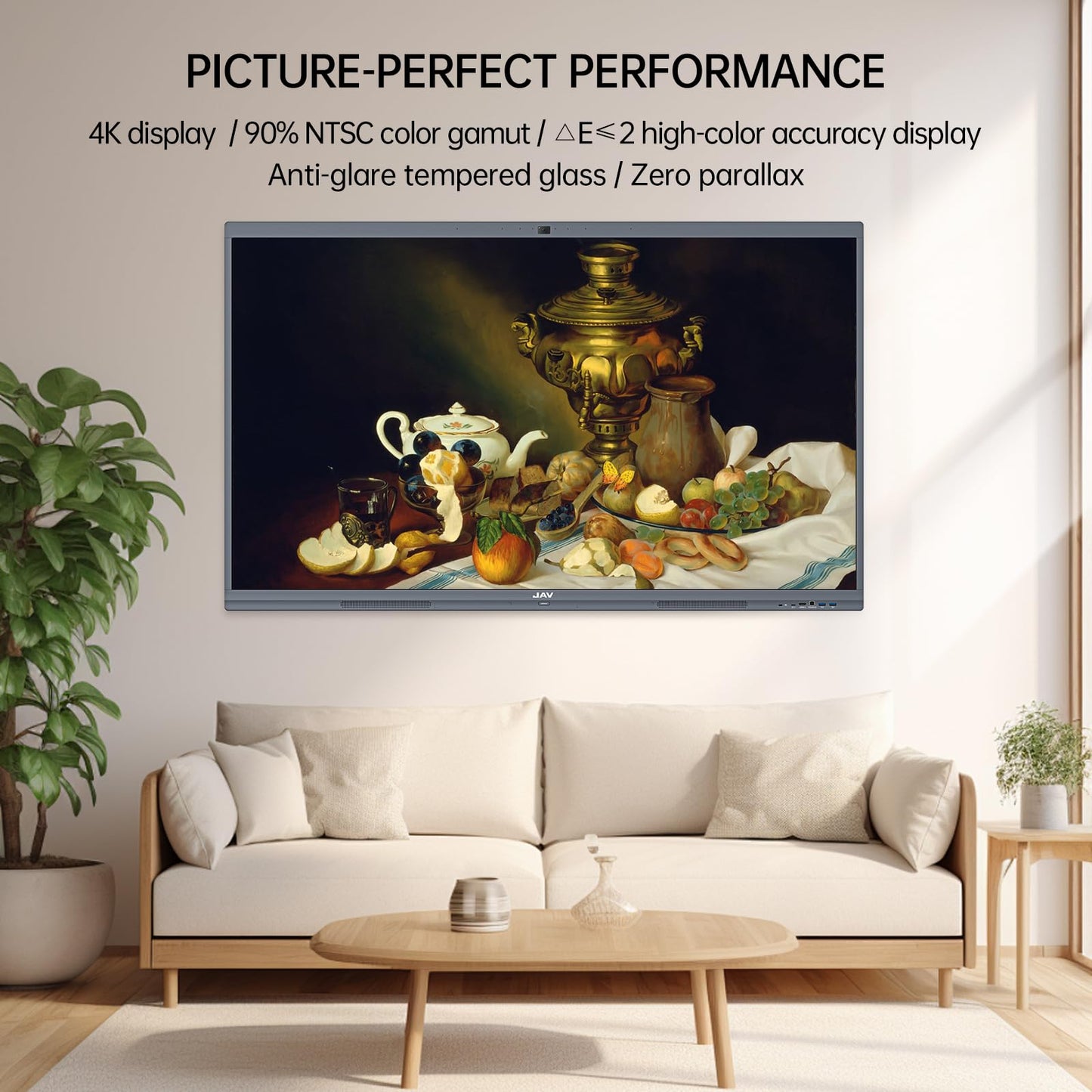 JAV 86" Smart Board Pro Google EDLA Certified 4K UHD Interactive Whiteboard for Classroom Office All-in-One Touchscreen Display with 48MP AI Camera 100W Soundbar Android 14 8+128GB Wall Mount Included