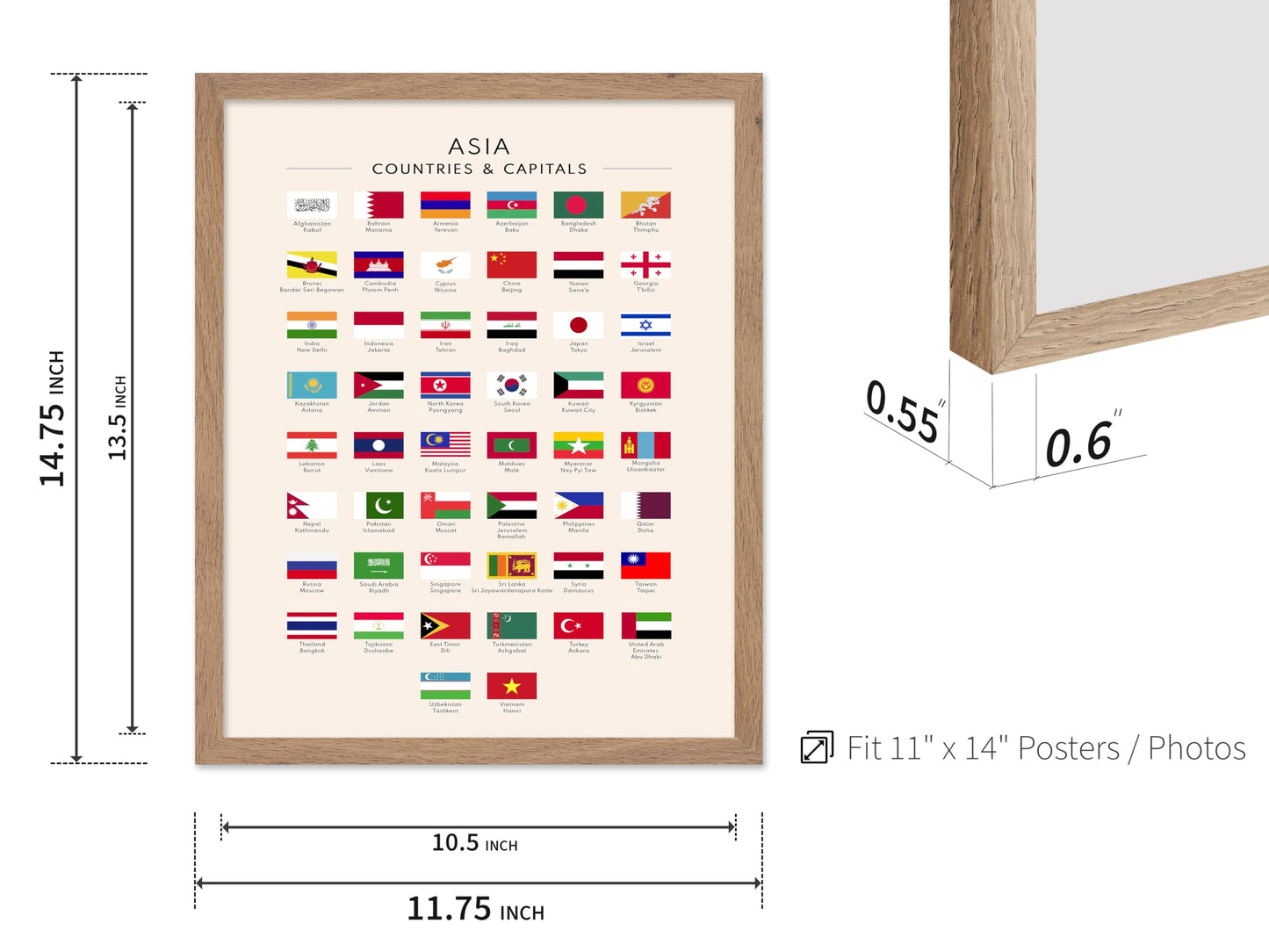 Poster Master Flags of Asia Poster - Asian Countries & Capitals Print - Learning Materials Art - Educational Art - Gift for Student & Teacher - Decor for Classroom or Library, 11x14 Beige Framed