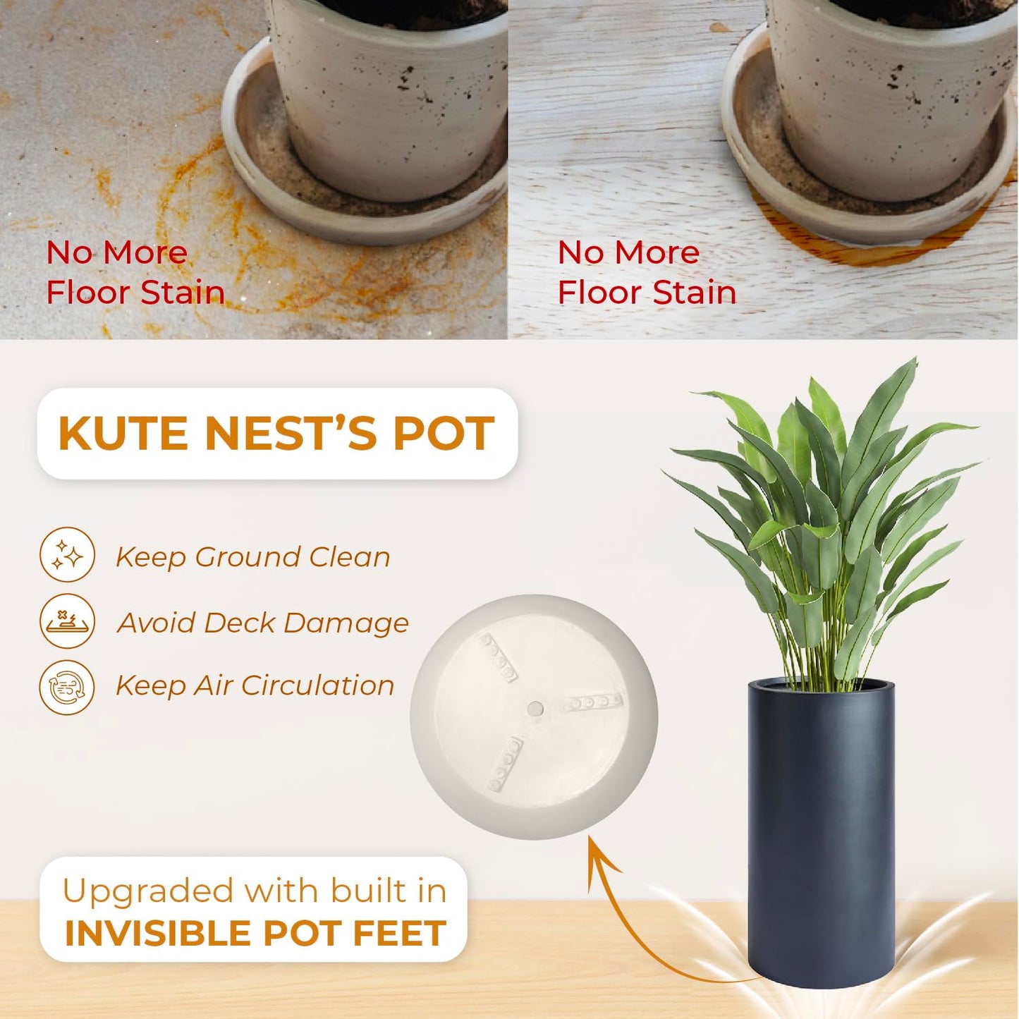 KUTE NEST 19.5" H x 9.8" D Premium Tubo Fiberstone Cylinder Tall Planter with Drainage Hole, Weather Resistant for Indoor and Outdoor Use, Included 2 Extra Coco Mats (Black, 8.2" Pot Opening)