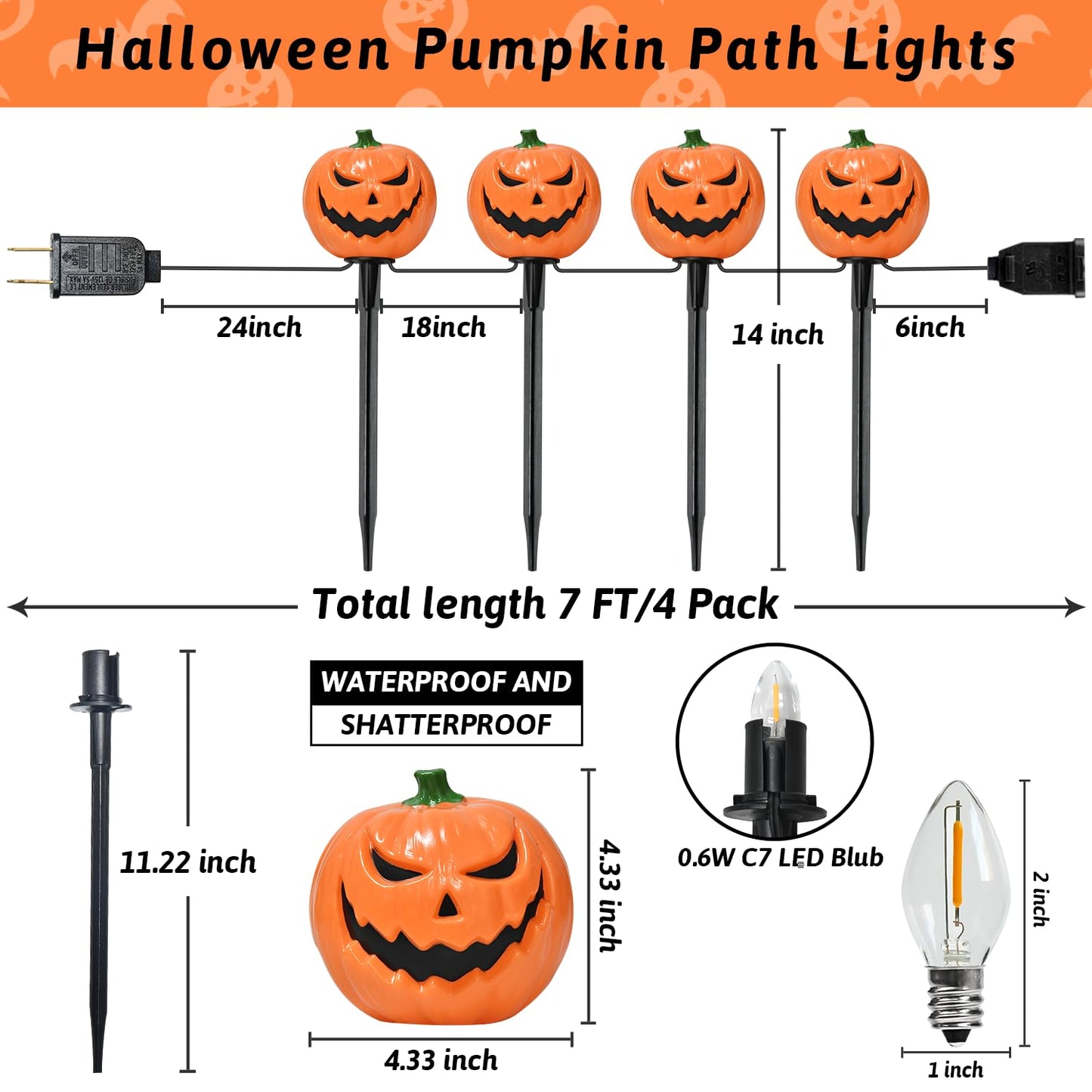 Halloween Decorations Outside - 7Ft LED Pumpkin Pathway Lights Plug in with 4 Pack LED Pumpkin Stake Lights Waterproof, for Halloween Outdoor Path Walkway Yard Lawn Landscape Decor, 0.6W