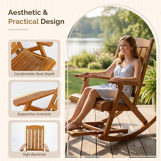 VINGLI Wooden Porch Rocking Chair, Heavy Duty Outdoor Rocking Chair