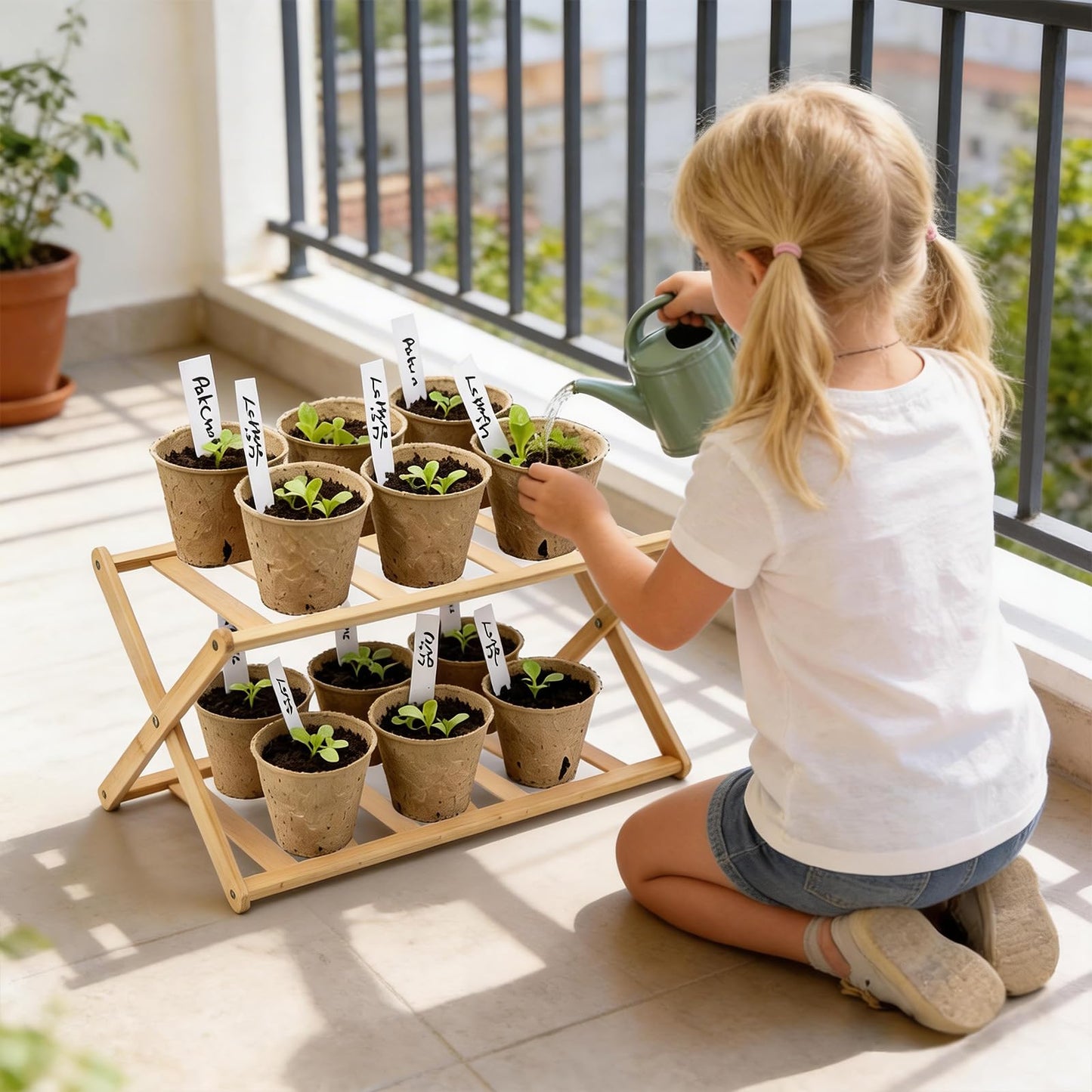 DCAEKUX windowsill plant shelf Indoor 2 Tiers Desktop plant stand Wood Display Stand for cacti & succulent plants Spice Rack Countertop Cupcake