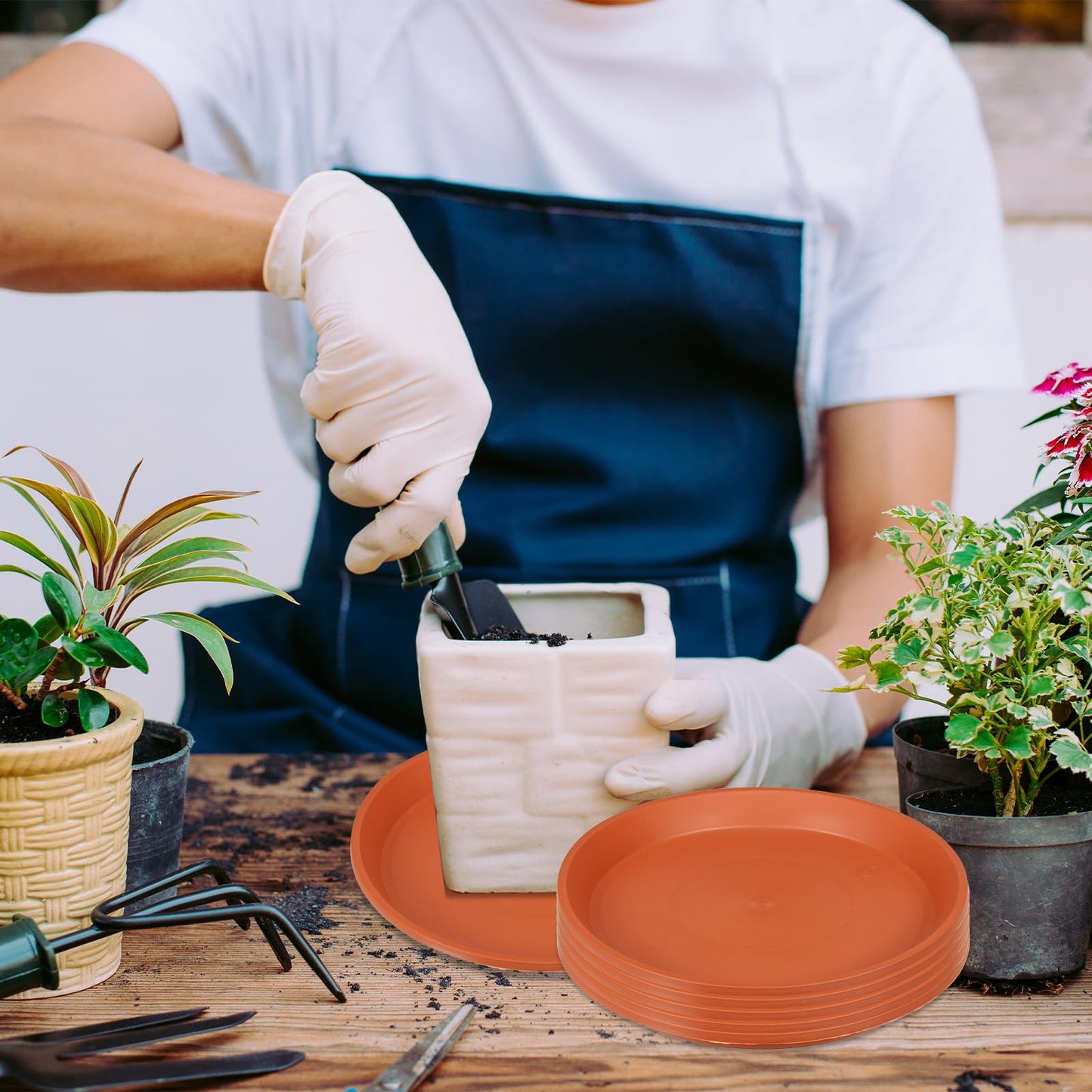 PATIKIL 6 Pack Plant Saucer, 9 Inch Plastic Round Plant Tray Flower Pot Saucers Planter Water Tray - for Indoor Outdoor Balcony Garden Potted, Terracotta