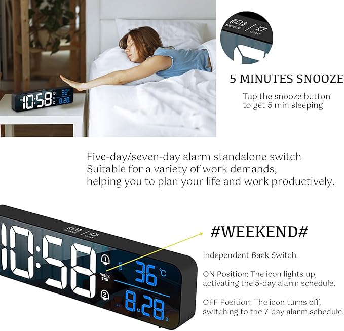 Digital Clock, Large Display LED Alarm Clock for Living Room Bedroom Office, Rechargeable Wall Clock, Sound-Activated, Snooze, Date & Temp Display, 40 Tones, 2 Alarms, 4 Volume, 5 Brightness Dimmer