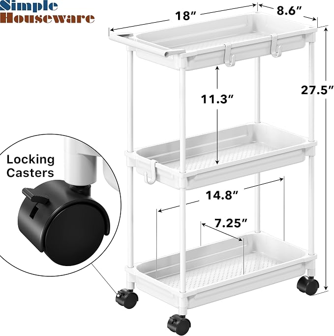 SimpleHouseware Standard 3-Tier Slim Rolling Storage Cart, White