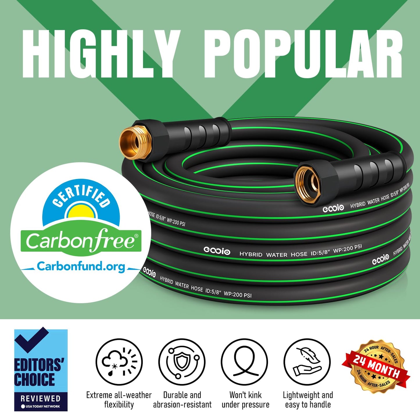 Garden Hose 25 ft x 5/8" with Nozzle, Water Hose Heavy Duty Flexible, Lightweight Kink-less Hybrid Hose with Swivel Handle, Male to Female Fittings