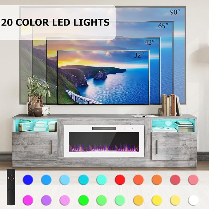 PRETZI Fireplace TV Stand with 36" Fireplace Up to 90" TVs, Remote Control