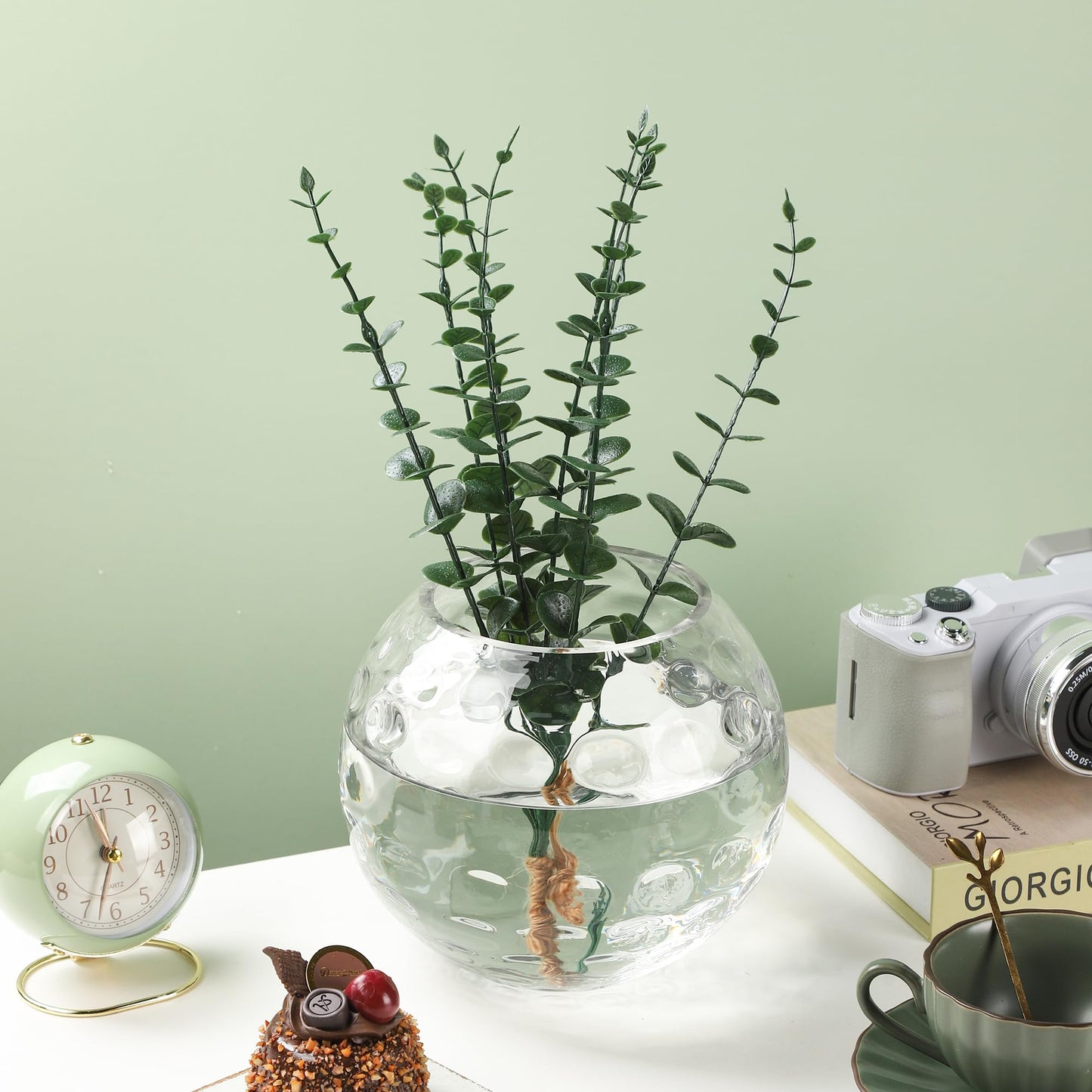 7.5" Dia Handmade Sturdy Dimpled Bubble Glass Vases, Bubble Planter Terrarium, Bud Vase, Fish Bowl Hurricane, Globe Flower Vase, Hurricane Candle Holder (7.5"x6.3", Bowl)
