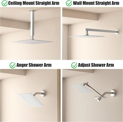 BESy 10 Inch Rain Shower Head, 10" Square Rainfall & High Pressure Stainless Steel Bath Shower Head, 1/16" Ultra Thin, Waterfall Full Body Coverage with Silicone Nozzle, Polished Chrome