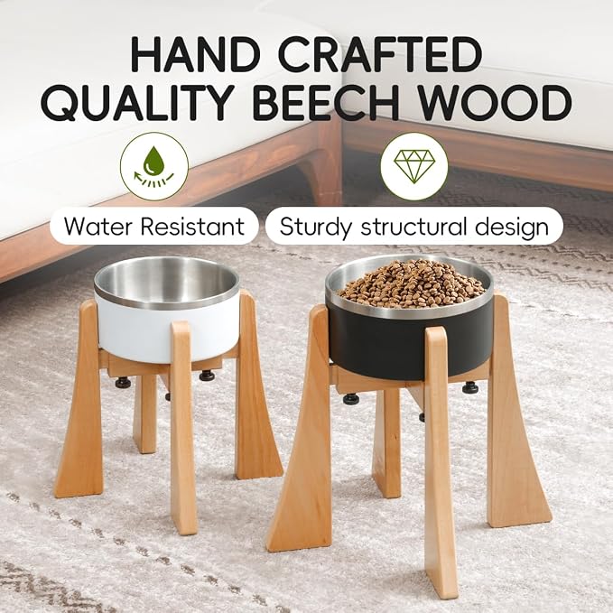 Elevated Bowl Stand Set 12-inch with Heavy Duty Beech Wood Made, Anti-Vomit Design for Medium Breed, Senior Dogs, Ergonomic Neck Protecting, Adjustable Diameter, Easy Clean Non Toxic