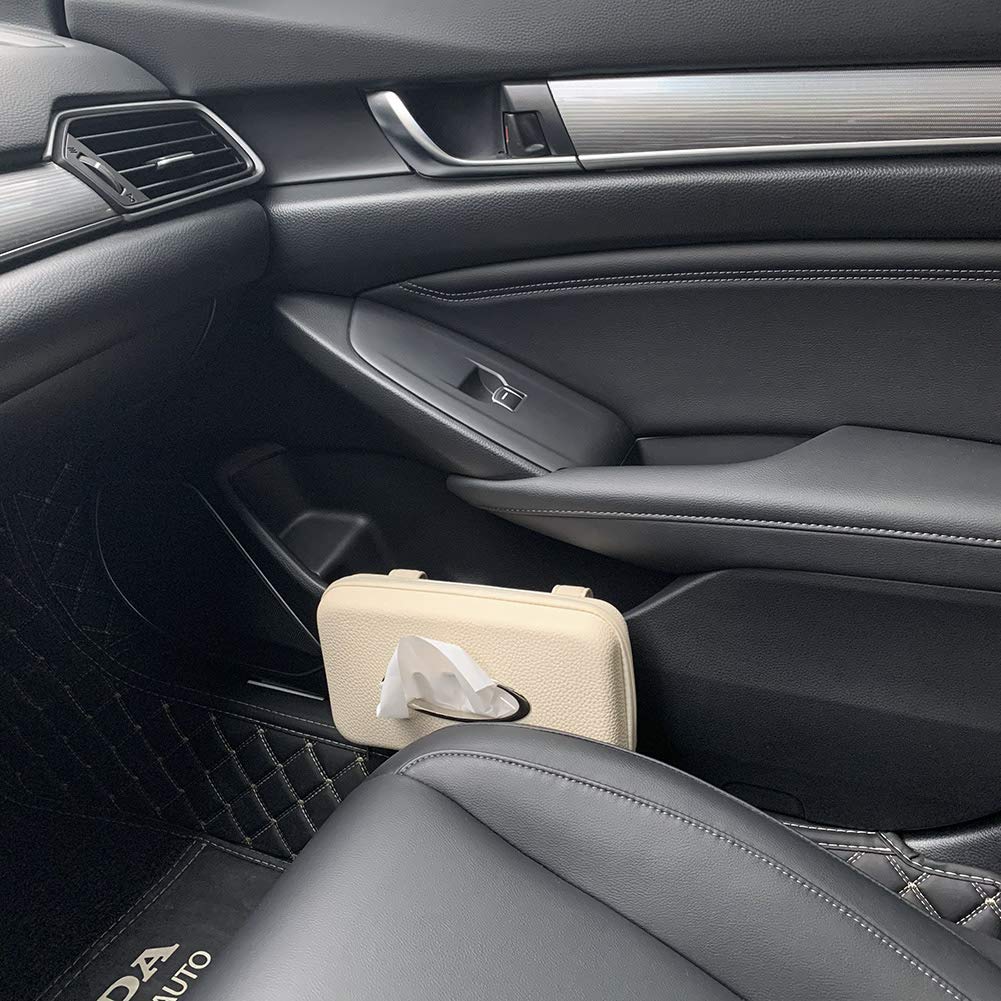 Cartisen Car Tissue Holder - Sun Visor Napkin Holder, PU Leather Backseat Tissue Case for Vehicle (Beige)