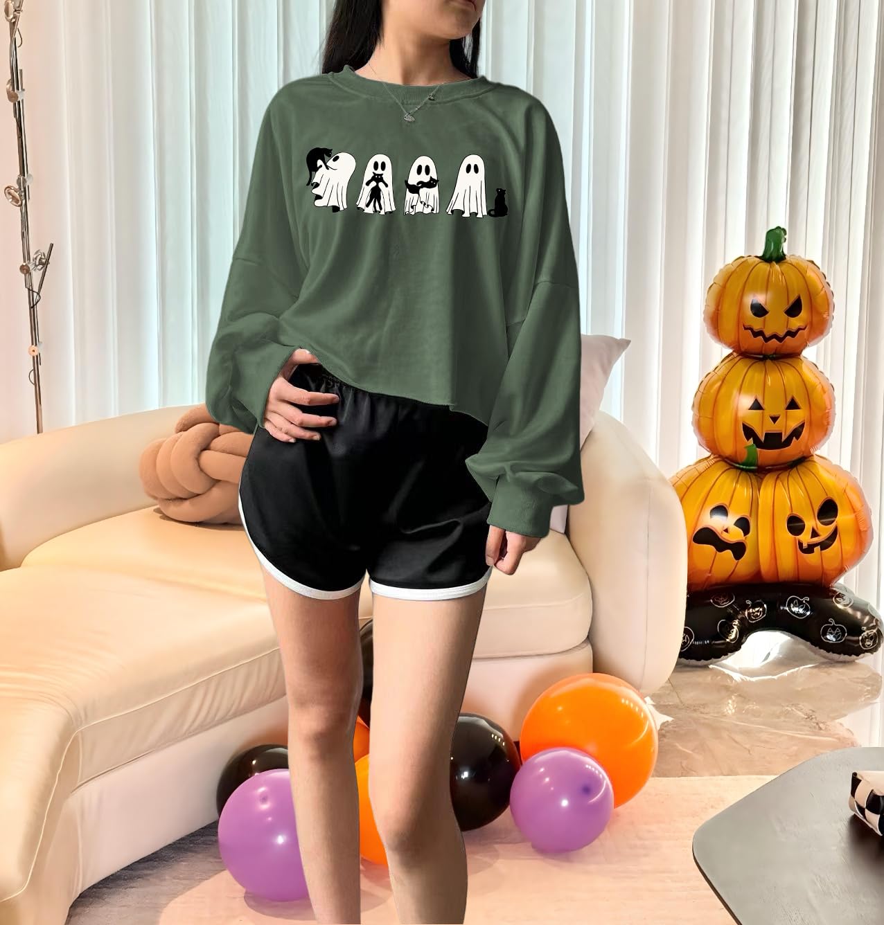 KNBUO Women's Black Cat Ghost Crop Sweatshirt Fall Halloween Ghost Spooky Season Lantern Long Sleeve Pullover Tops（L,03F-Dark Green-gost4）