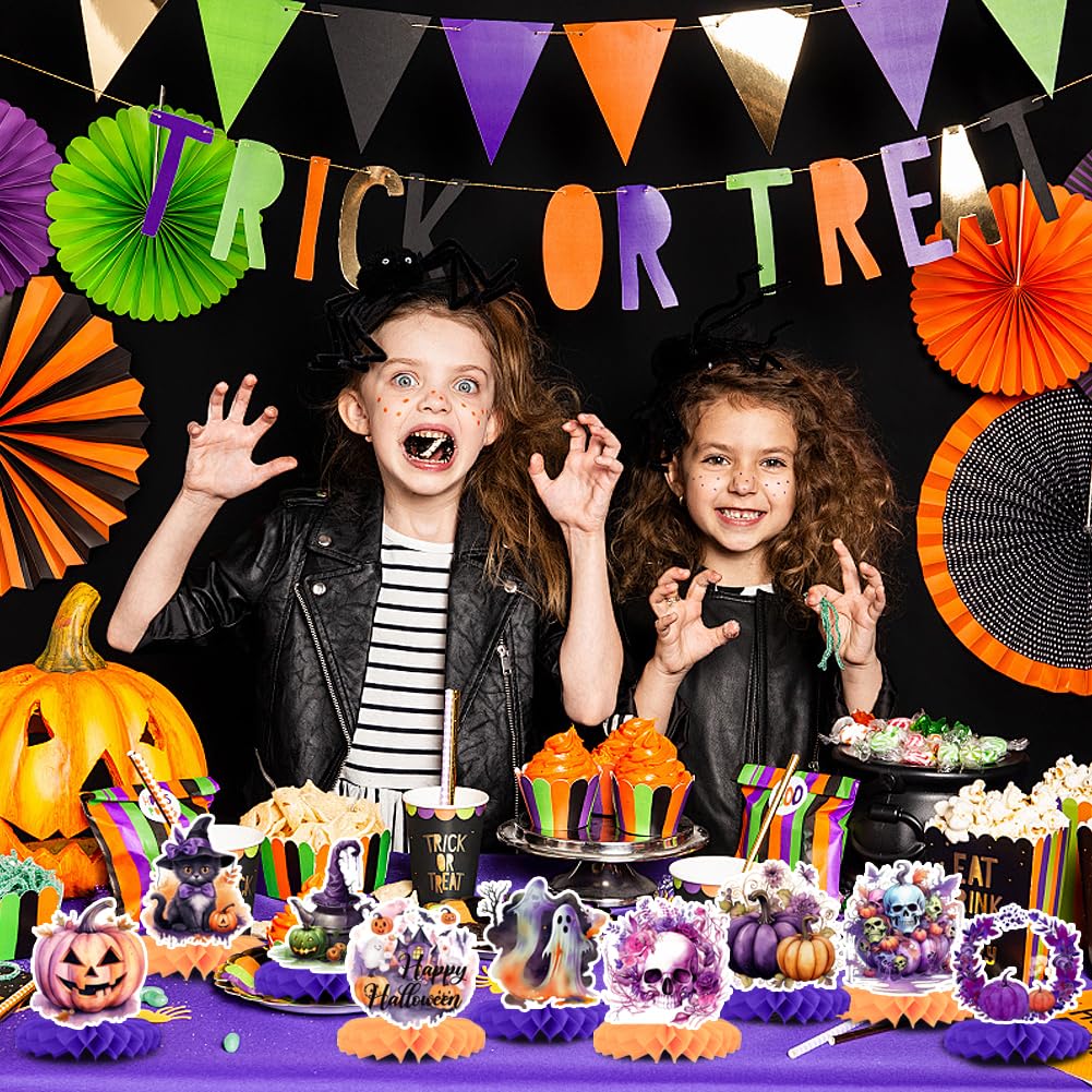 9 PCS Halloween Honeycomb Centerpieces for Table Decoration,Evil Pumpkin Skull Ghost Black Cat 3D Table Topper Sign Purple Orange for Happy Halloween Party Favor Bar Haunted House Decoration
