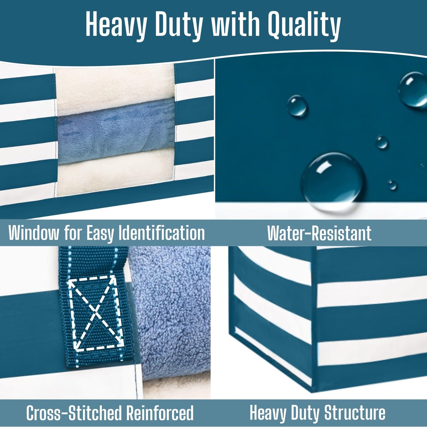 VENO 6 Pack Heavy Duty Moving Bags, Clothes and Comforter Storage Bags with Clear Window, College Dorm Essentials Packing Supplies, Foldable Boxes Alternative (Classic Navy Stripe, 6 Pack)