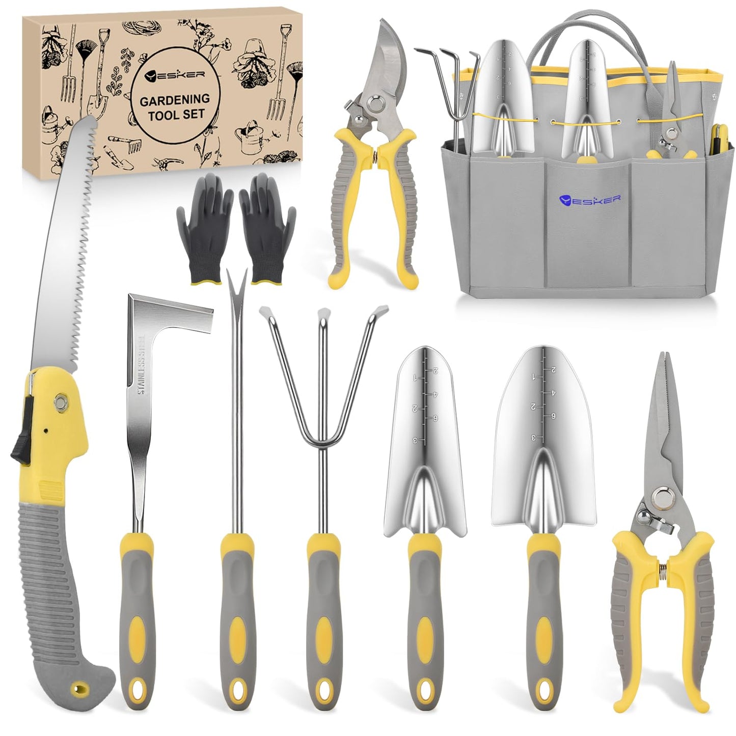 Yesker Gardening Tools 10-Piece Heavy Duty Garden Tool Set Gardening Supplies Gifts for Women Men Gardening Hand Tool Kit w Non-Slip Ergonomic Handle, Garden Bag, Durable Gloves, Pruning Shears, Gray