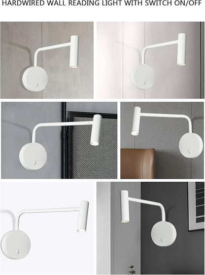 ZEROUNO Wall Mounted Reading Light for Bedroom Hardwired Sconce with Switch on/Off Modern 3000K Bedside Swing Arm Wall Lamp (White)