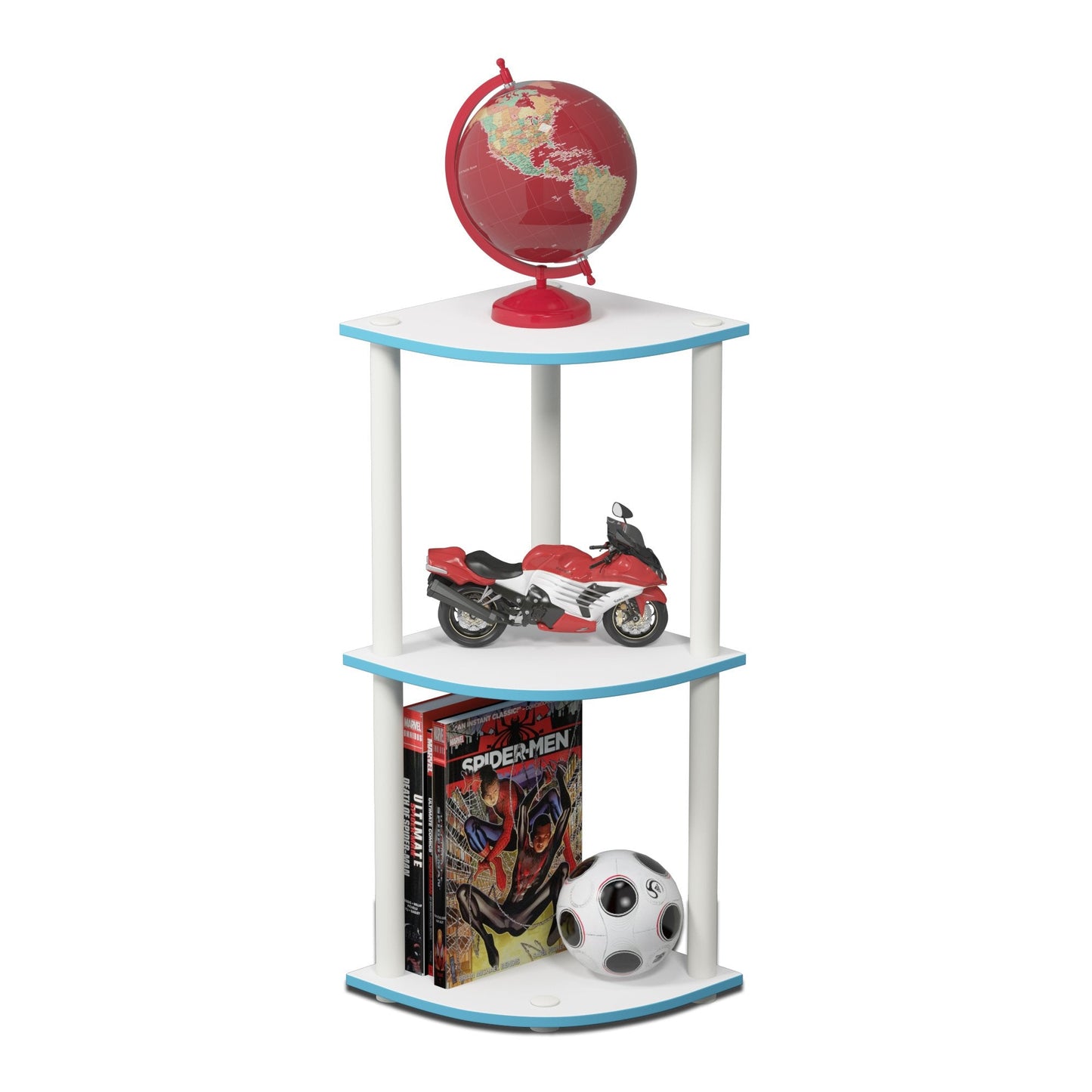 Furinno TURN-N-TUBE Corner Shelf, 3-Tier Corner Bookshelf, Display Storage Shelves with Open Shelves, for Organization and Storage, Living Room, Home Office, Garage, Light Blue