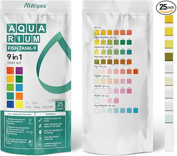 AAwipes Fish Tank Marine Water Test Strips 9-in-1 |25 Strips | Freshwater, Saltwater & Reef Tanks Quick & Accurate Test pH, Carbonate, Copper, Alkalinity, Hardness, Chlorine, Nitrate, Nitrite, etc