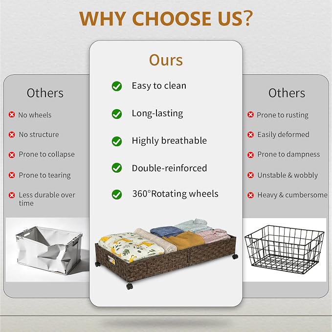 2 Pack Under Bed Storage with Wheels, 40L Large Under Bed Storage Containers with Handwoven Rattan , Rolling Underbed Organizer Bins Drawers for Clothes, Shoes, Blankets, Brown(31.5 x 15.75 x 6.3 In)