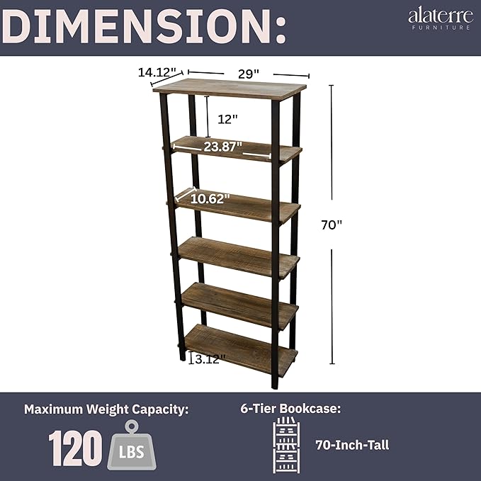 Alaterre Furniture Pomona Living Room 6-Tier Solid Wood Bookcase