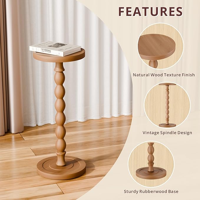 Solid Wood Drink Table, Rubber Wood‌ Small Round Side Table