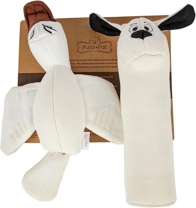 Durable Tough Cotton Canvas Squeaky Dog Toys, Eco-Friendly Interactive 2-Pack Chew Toy Set for Small, Medium & Large Dogs, Ducky & Dawgy (White)