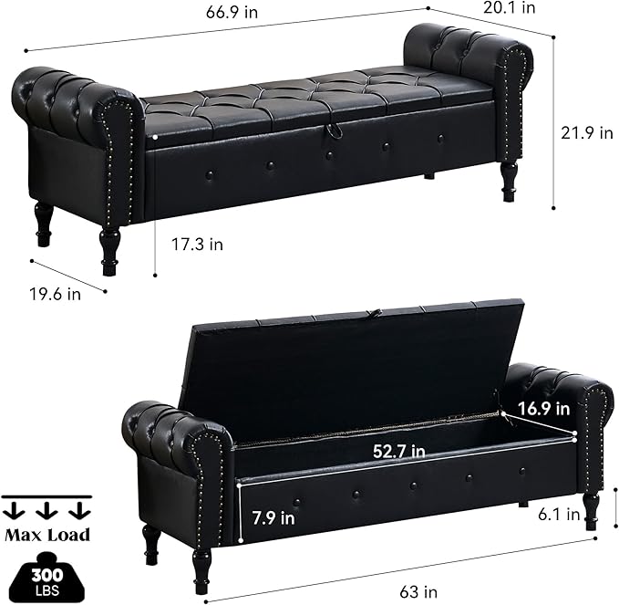 67" Storage Bench for Bedroom, End of King Size Benches