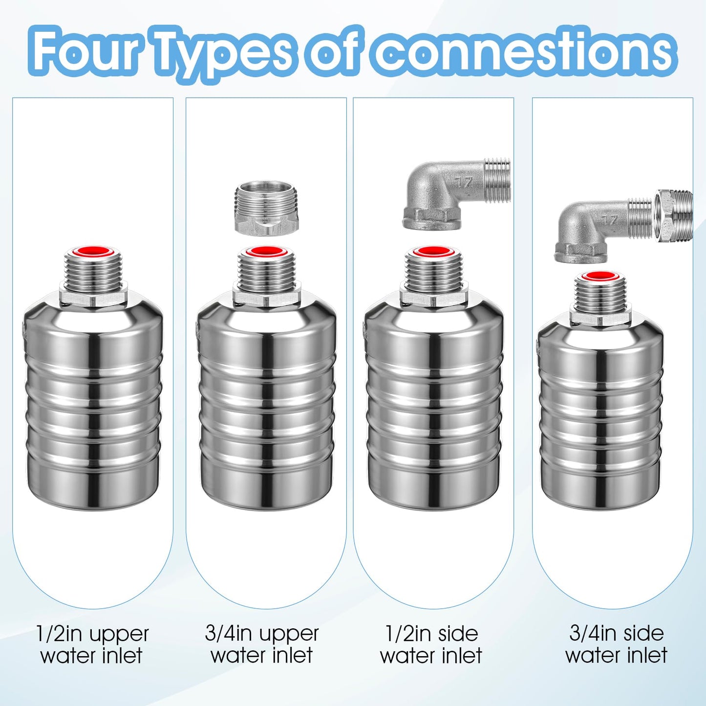 2 Pack Water Float Valve 1/2" to 3/4'' Auto Shut off Water Tank Float Valve 304 Stainless Steel Fully Automatic Level Control for Pool, Livestock Troughs